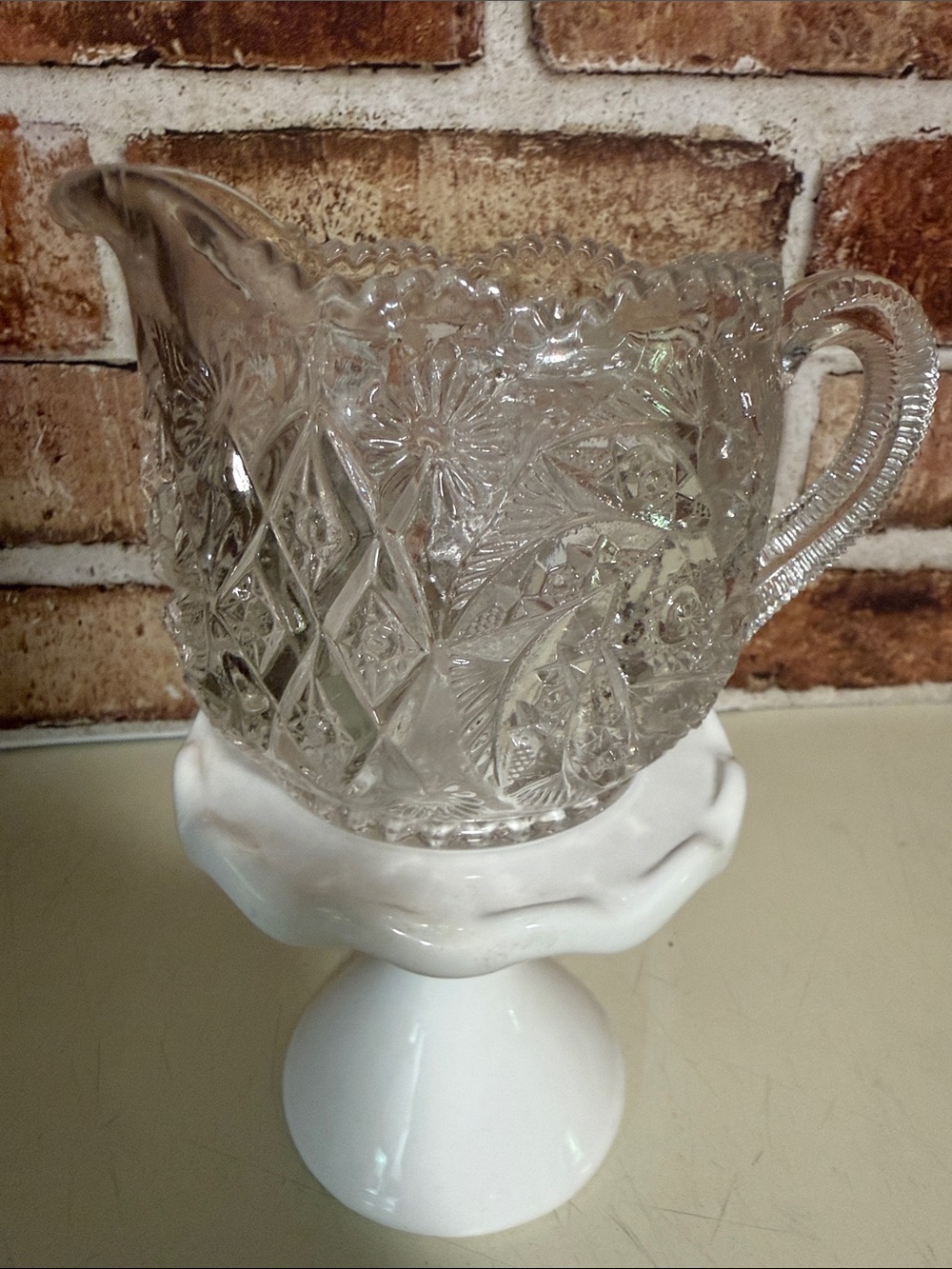 Pressed Glass Creamer Pitcher - Clear Floral Diamond Pattern